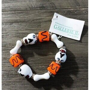 Gallerie II Halloween White Skull And Bones Orange Glass Bracelet New